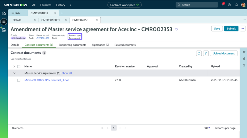Request type field to differentiate between contract and amendment request