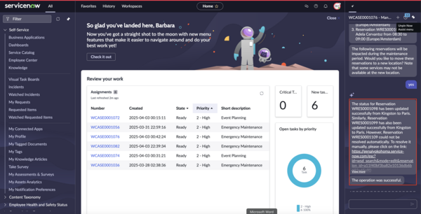 AI agents showing notifications in the conversational interface for updated locations for a reservation.