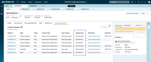 Request type field to distinguish between contract and amendment request.