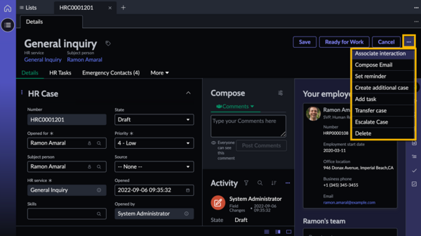 More icon menu showing options including Associate interaction, Compose Email, Set reminder, Create additional case, Add task, Transfer case, Escalate Case, and Delete