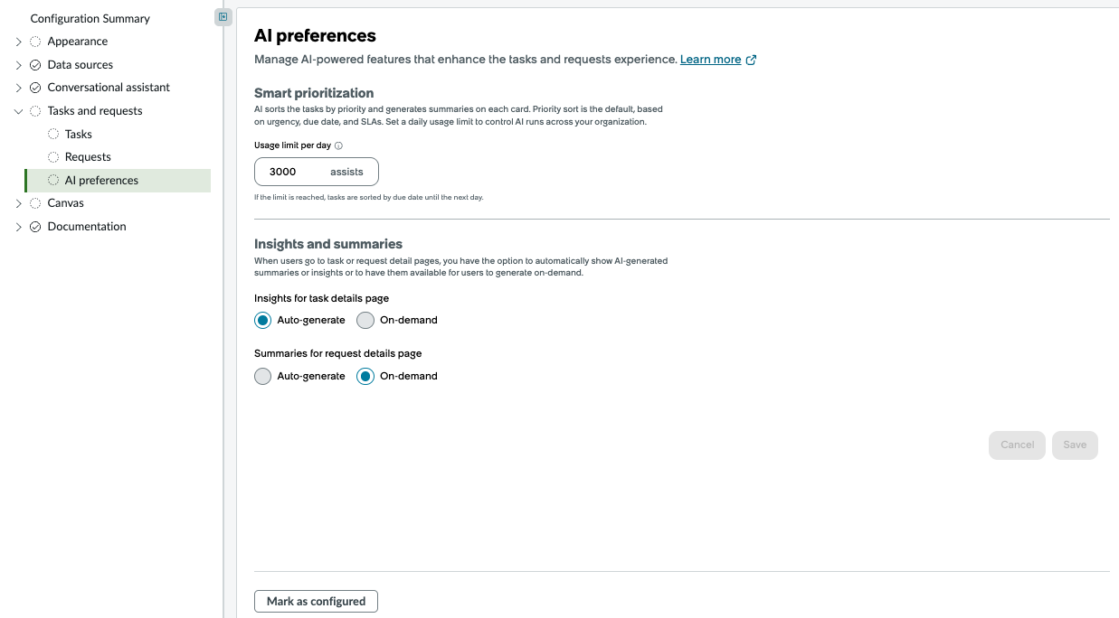 AI preferences for usage limit, insights, and summaries
