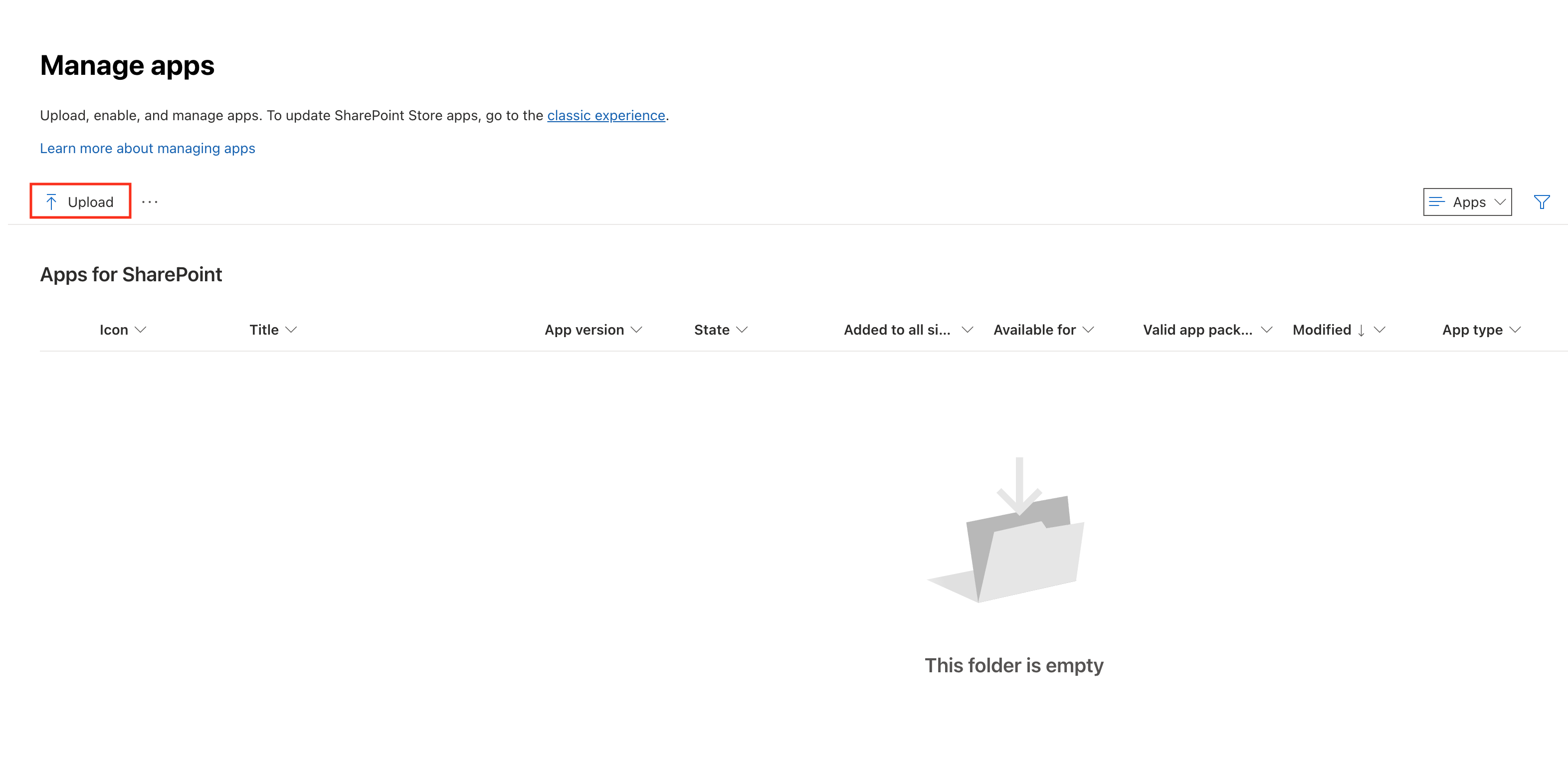 Microsoft Sharepoint admin center Upload package action