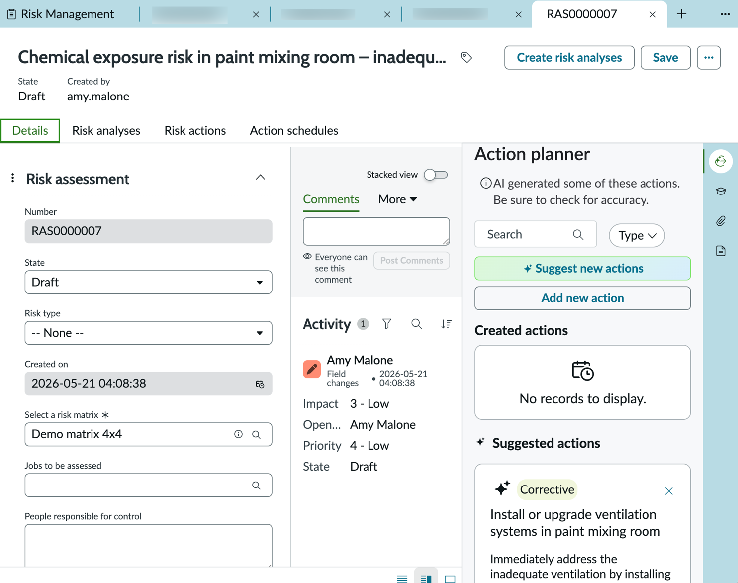 Risk assessment form with the Action planner panel open.