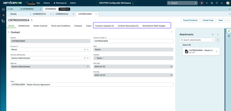 Contract repository record showing amendment related details