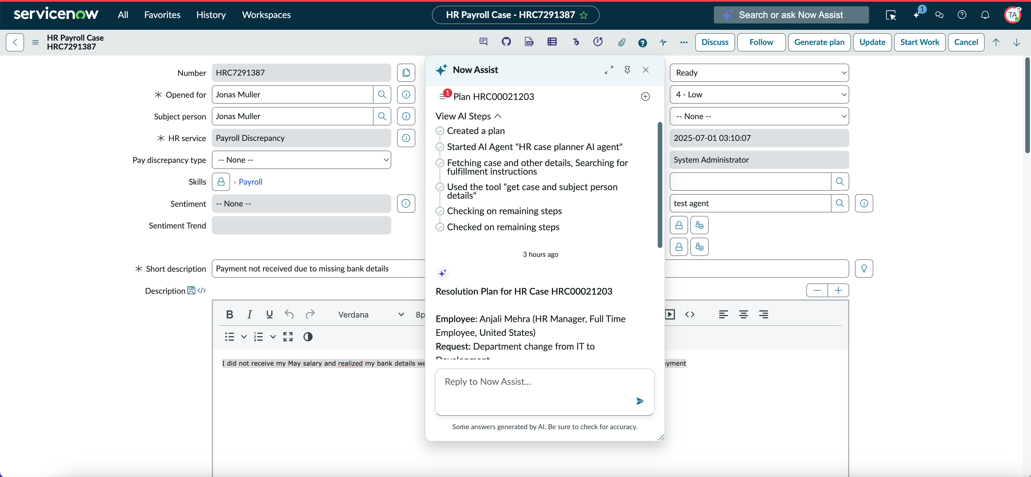 Fulfillment plan for an HR case on Core UI