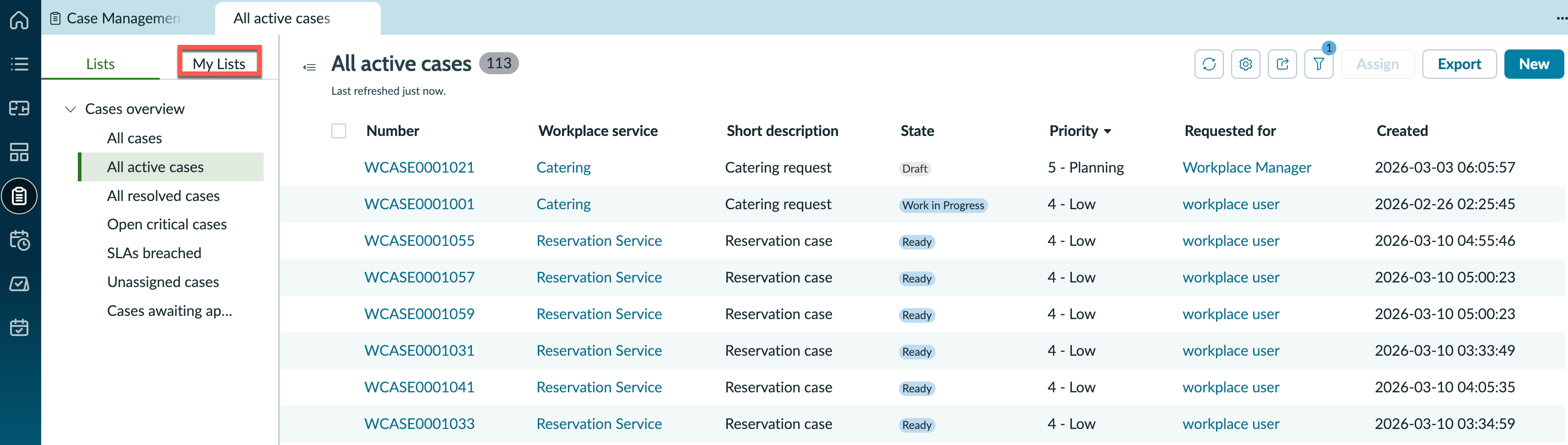 All active cases displayed.