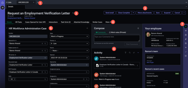 HR case form in Agent Workspace showing tabs, form header, UI actions, related items, case details, activity stream, and contextual side panel