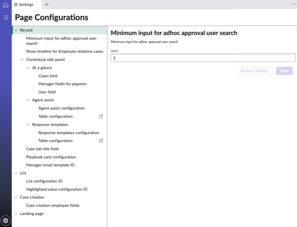 Page configurations dialog showing customization options for Agent Workspace for HR Case Management