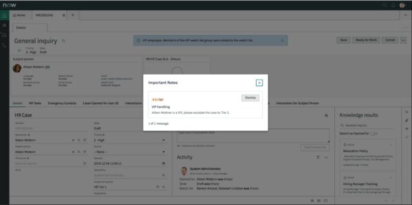 Special handling note pop-up dialog displaying alert message with Dismiss button