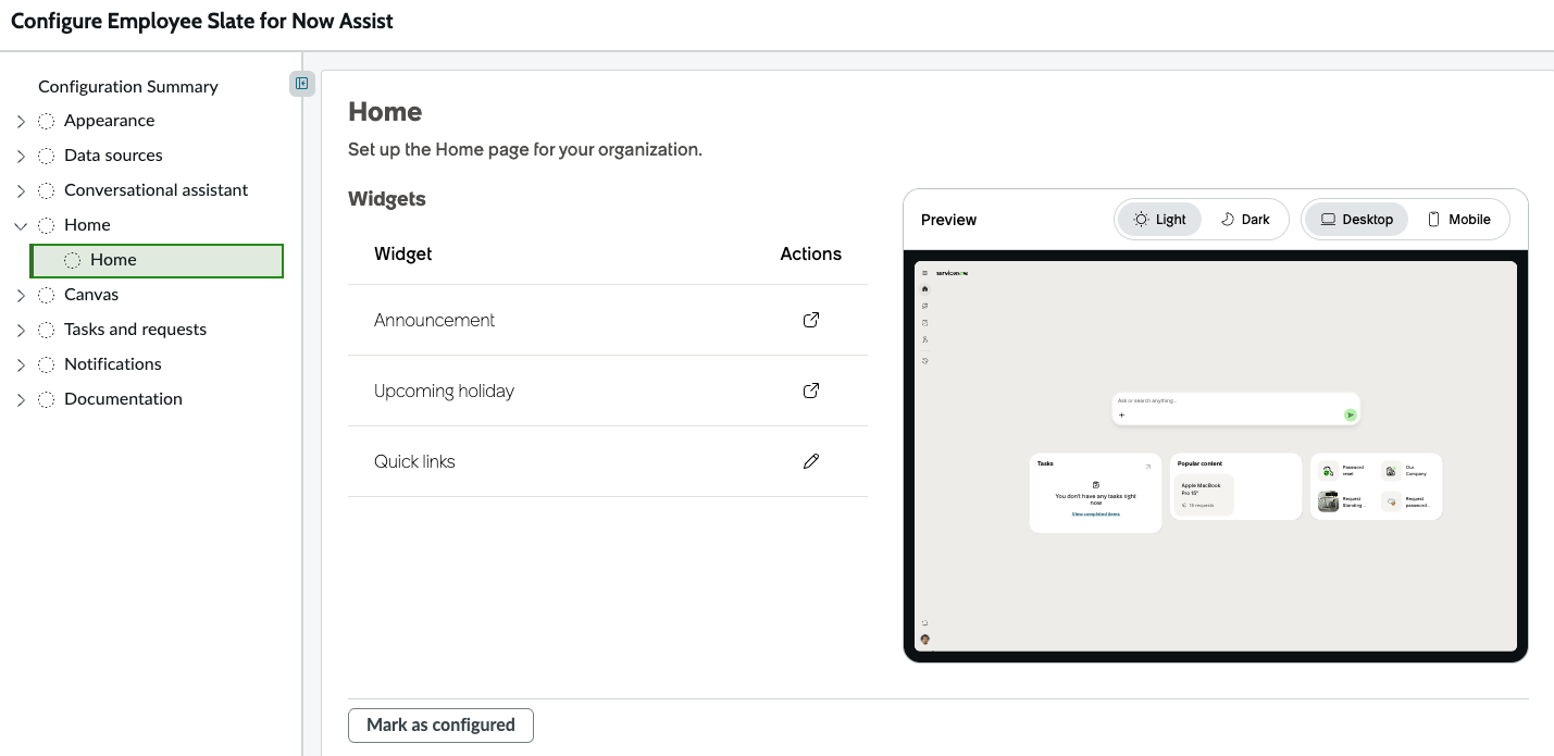 Home widget configuration in the Product Configuration console