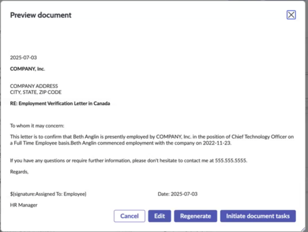 Preview document dialog showing employment verification letter with Initiate document tasks button