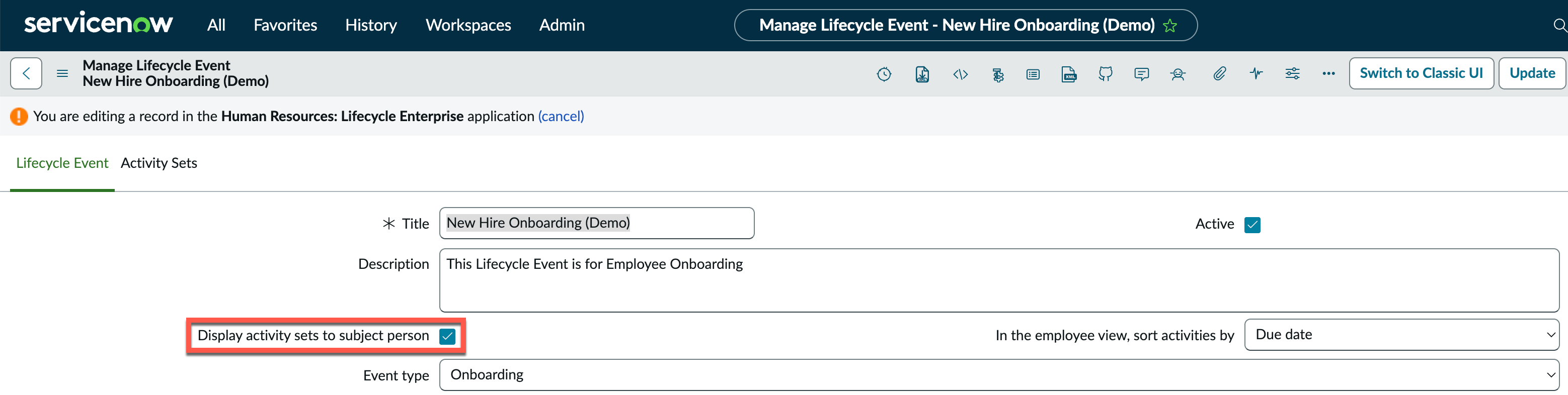 Select the Display activity sets to subject person option.