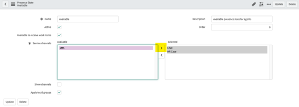 Presence State Available form with SMS moved to Selected service channels column