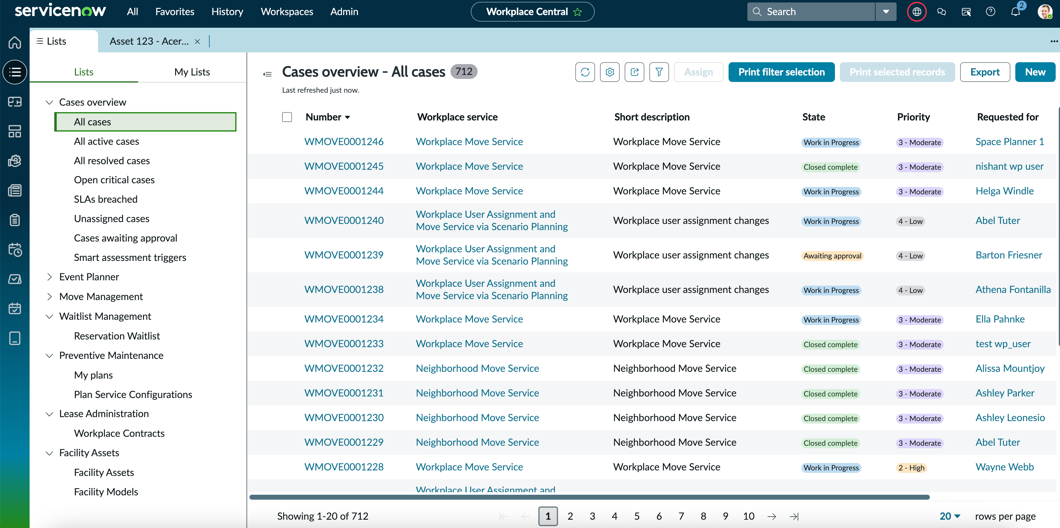 Workplace Central lists dashboard with the Cases Overview - All Cases list selected.