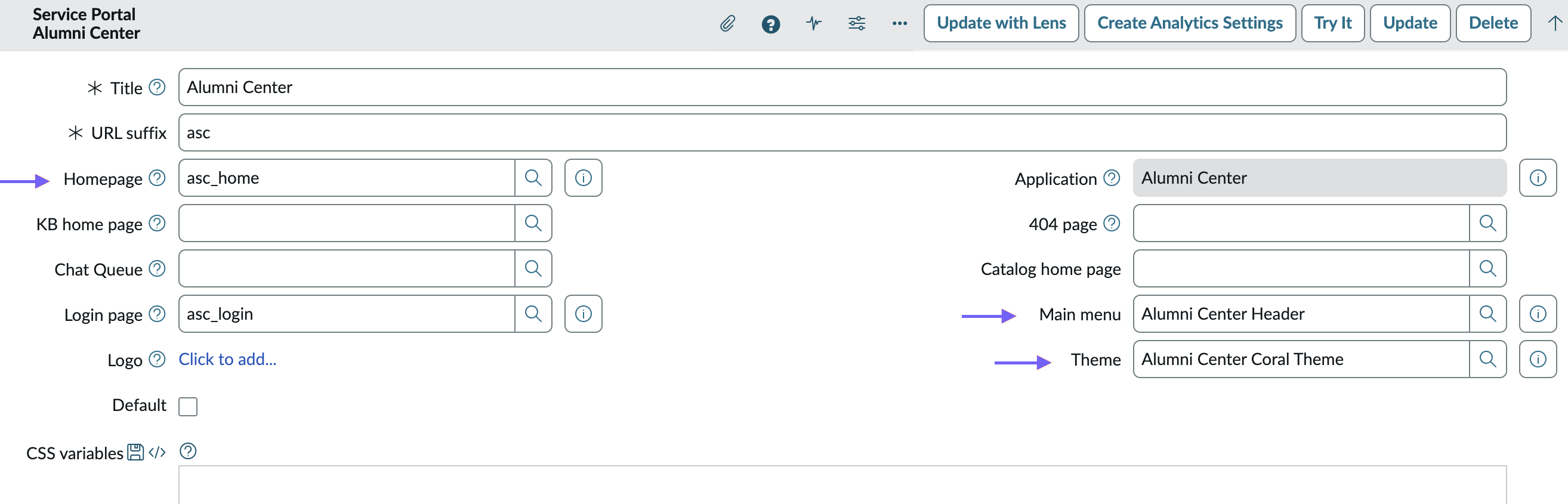 Service Portal configuration for Alumni Center