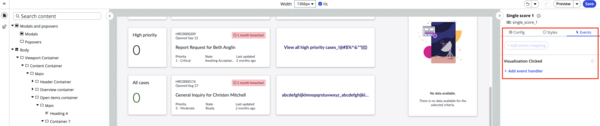 Events panel with Add event handler button for mapping drilldown data display