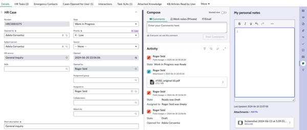 Personal Notes panel in contextual side panel showing text entry field and add file option