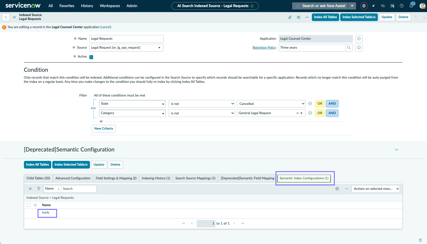 Configure semantic index record to determine how AI Search indexes content from the legal request tables.