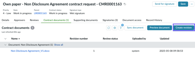 Create a contract revision in contract request
