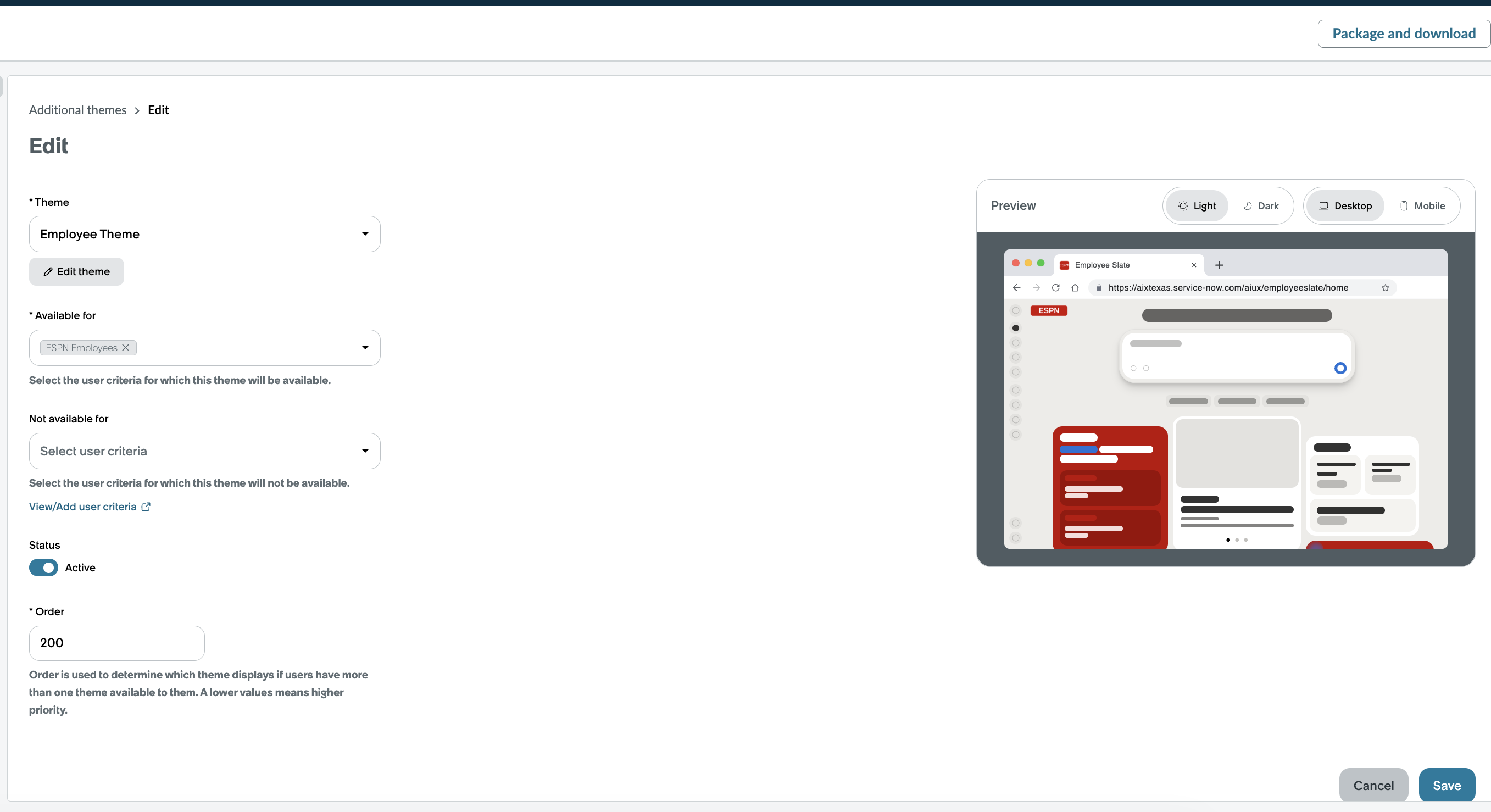 Edit form for an additional theme with Theme, Available for, Status, and Order fields