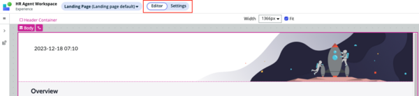Settings tab in UI Builder showing landing page configuration options and duplicate action