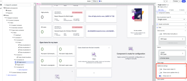 Additional settings section expanded in Configuration panel showing metric label and score update time options