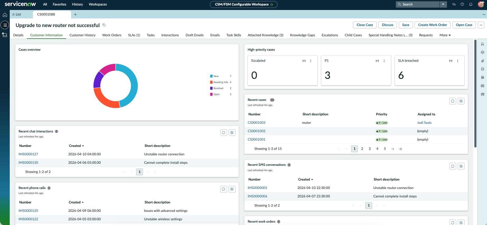 Customer Information tab displaying customer contact information and recent engagements with the customer, including chat interactions, high priority, and recent cases and phone calls.