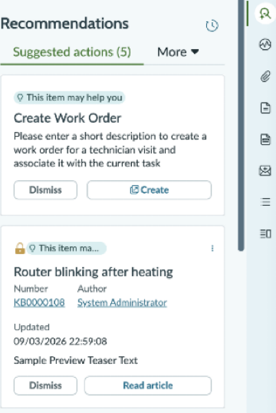 Guidance cards display actions that agents can take. For example, agents can select an action such as create a work order or read a suggested knowledge article.