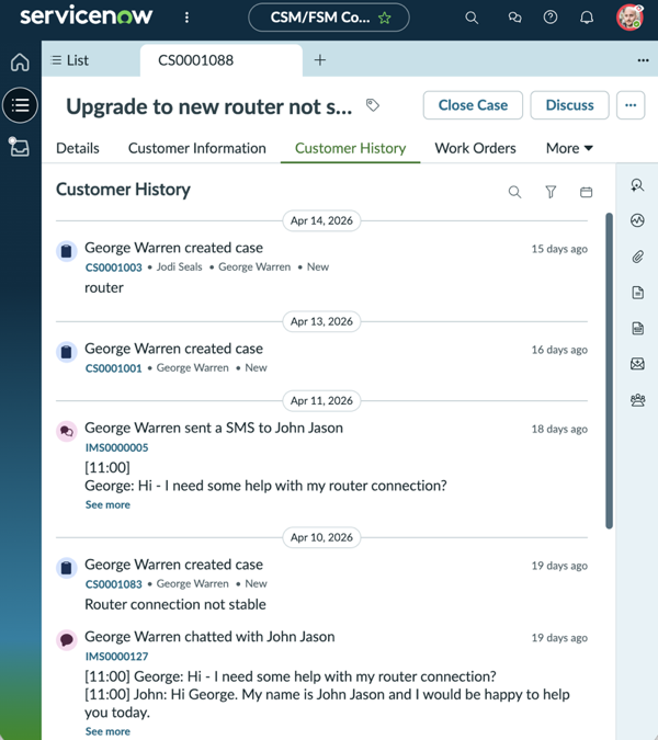 Customer History component displays recent customer interactions