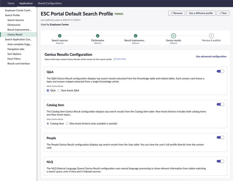 AI Search Admin console Genius Results view in basic configuration.