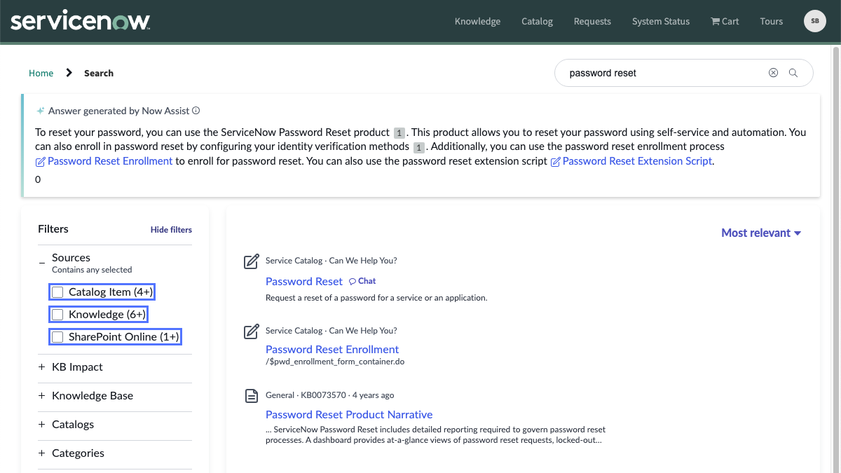 Service Portal results page showing result counts for source facet buckets.