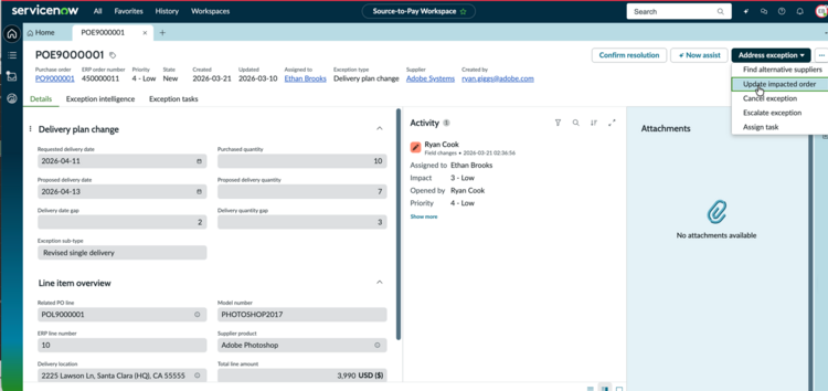 Update an impacted purchase order to address the exception