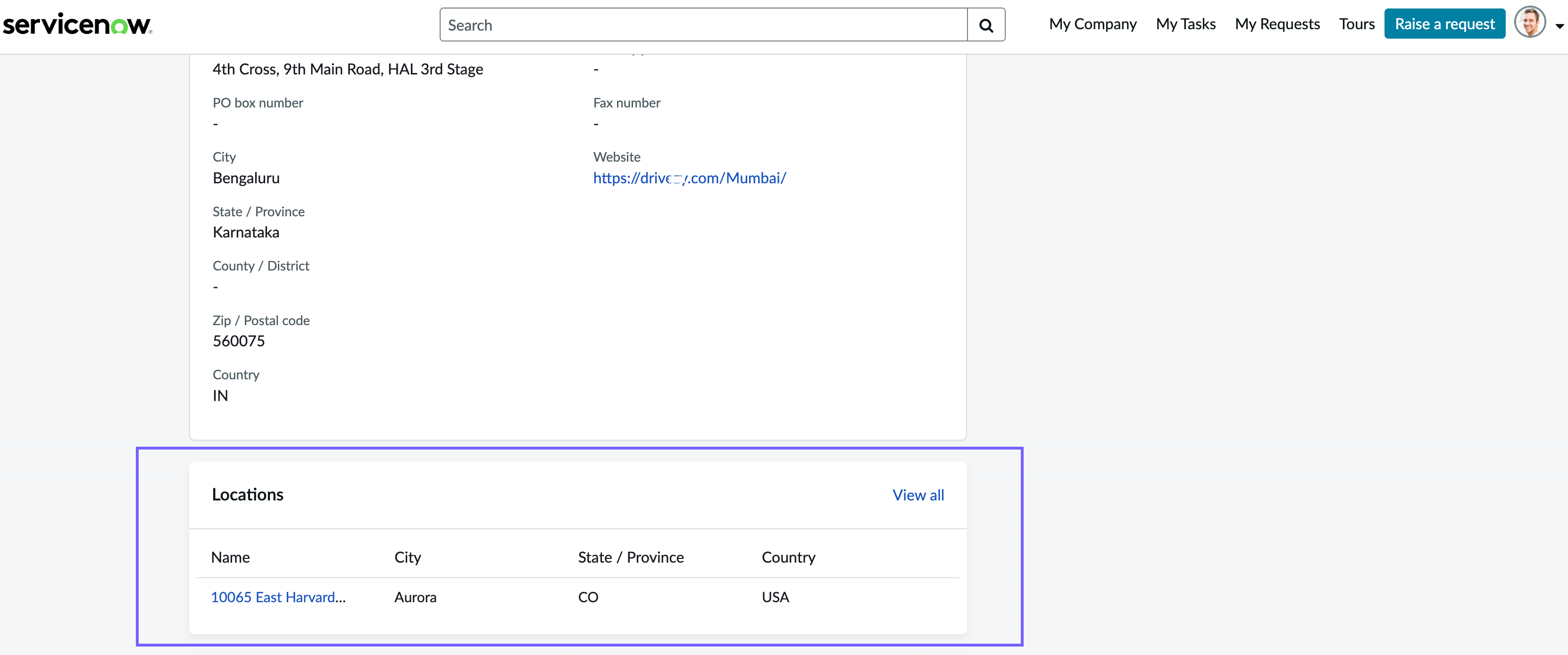 Location section on the Company Profile page.