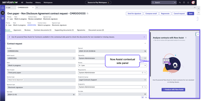 Analyze contracts with Now Assist contextual side panel