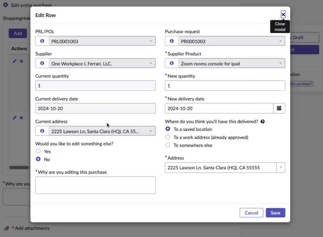 Edit entire purchase request