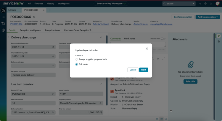 Edit the order to revise the supplier's changes
