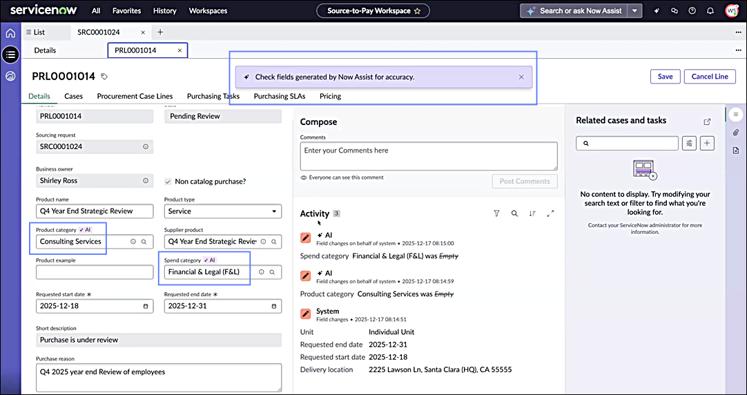 PRL form showing AI-suggested updates to Product and Spend category fields.