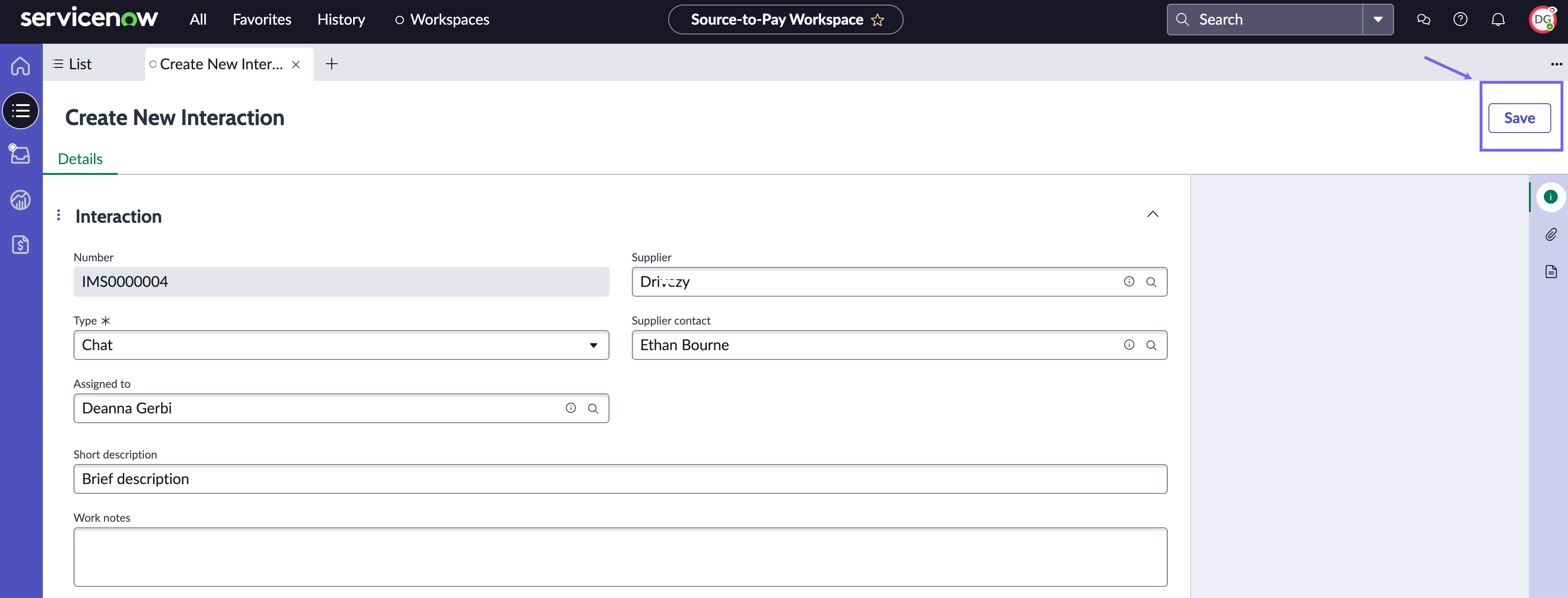 Selected button to save the Interaction form.