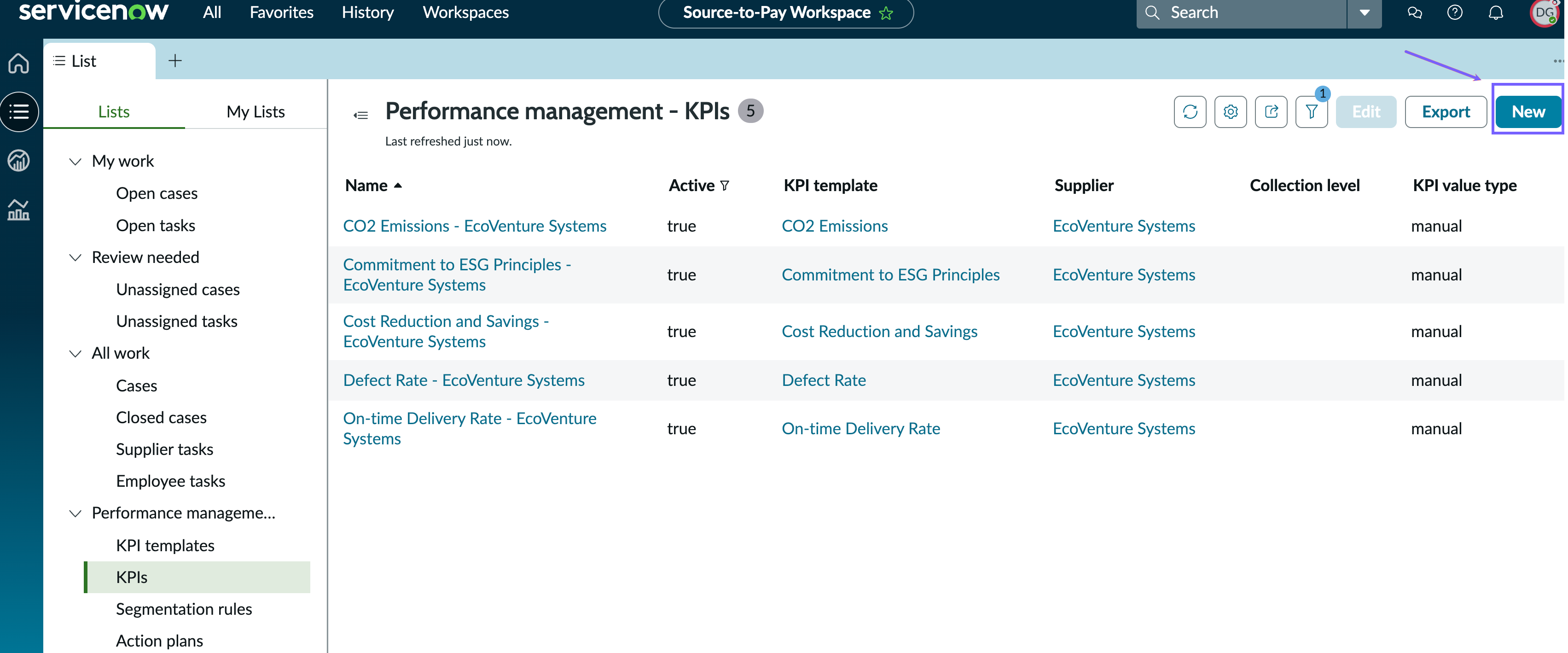 Selected option to create a new KPI.