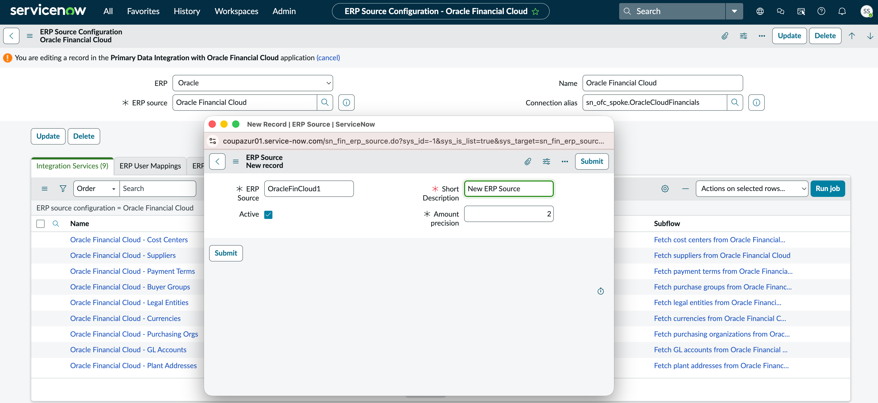 Définir une nouvelle configuration de la source ERP