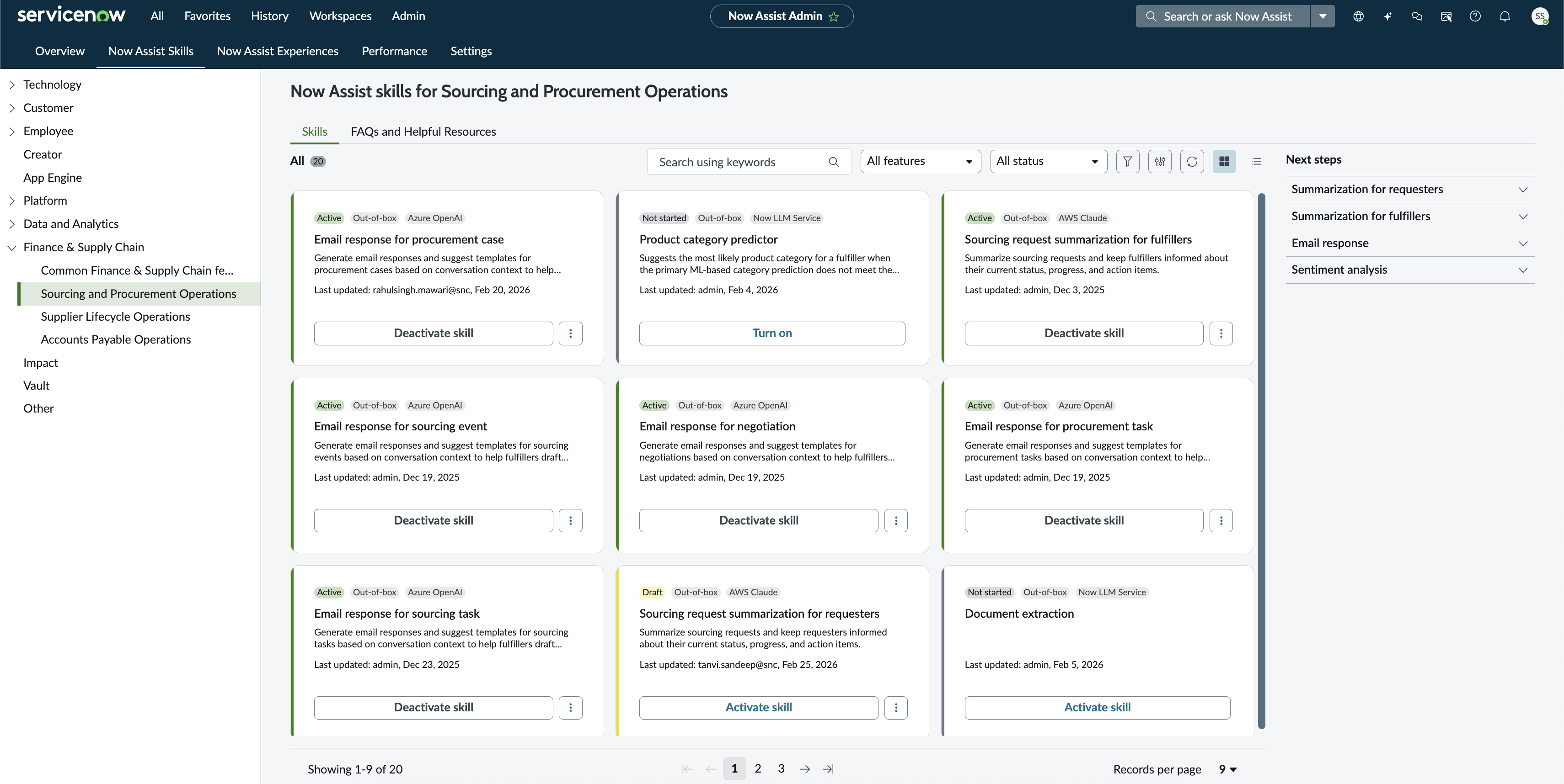 Compétences disponibles sur Now Assist pour Sourcing and Procurement Operations.