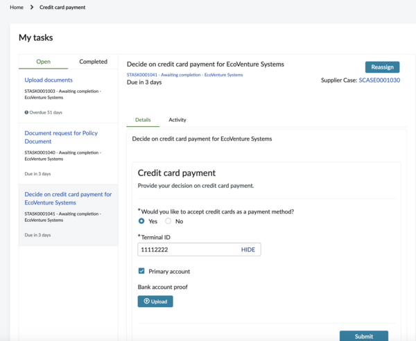 Supplier accepts or rejects credit card request from Collaboration portal
