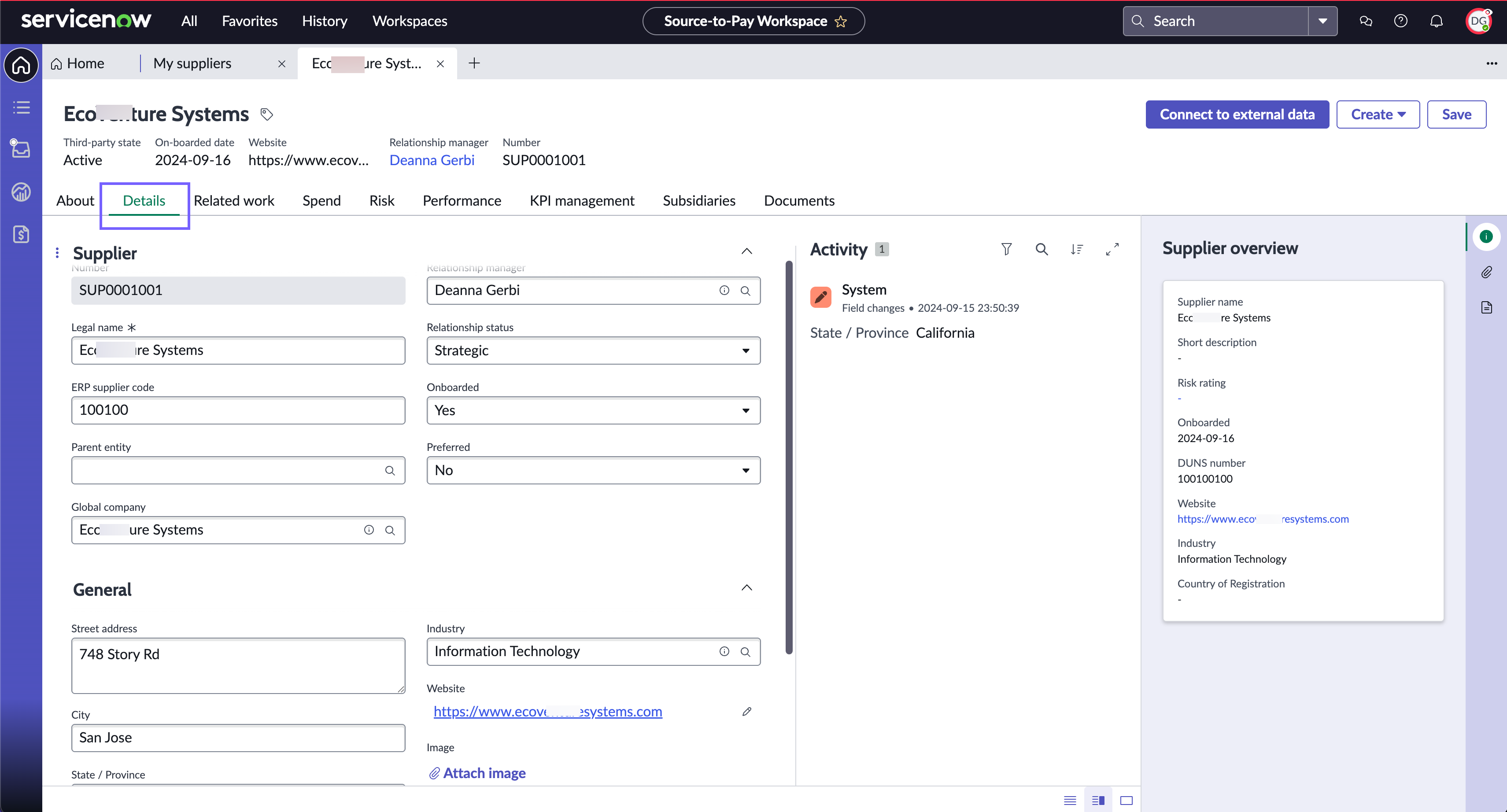 Selected tab for editing supplier details.