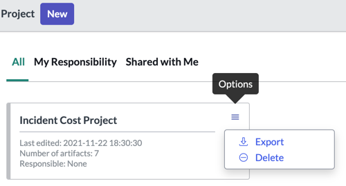 Menu Options sur une carte de projet affichant l’option Exporter.