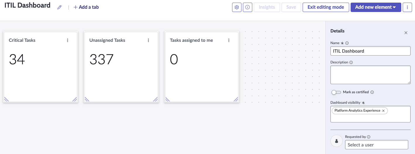 Tableau de bord de l’expérience Platform Analytics avec trois visualisations de scores uniques et une partie du panneau de détails