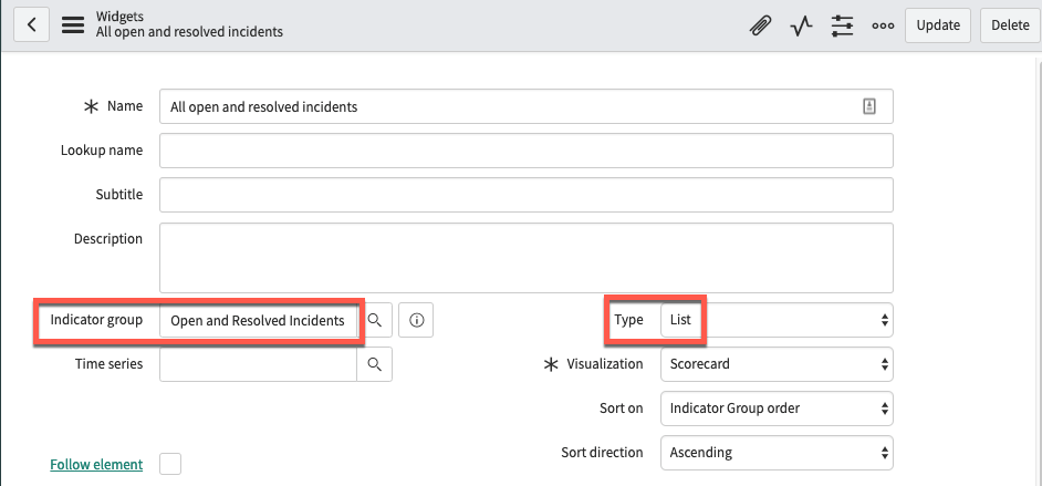 Nouveau formulaire de widget pour un widget de liste avec le groupe d’indicateurs Incidents ouverts et résolus