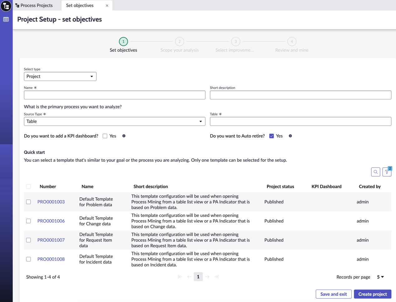 Page de configuration du projet