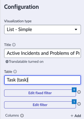Générer des rapports sur les tables étendues dans le Concepteur de visualisation, panneau de configuration, avec le nom de la visualisation Incidents et problèmes actifs de priorité 1 ou 2, Type de source=Table et Table=Tâche