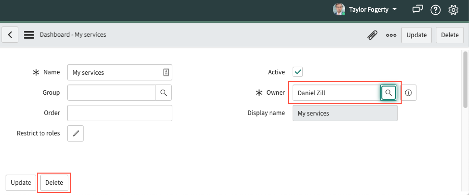 Propriétés du tableau de bord pour le tableau de bord appartenant à l’utilisateur disposant d’un rôle, mais accessible à l’utilisateur AD disposant du rôle dashboard_admin.