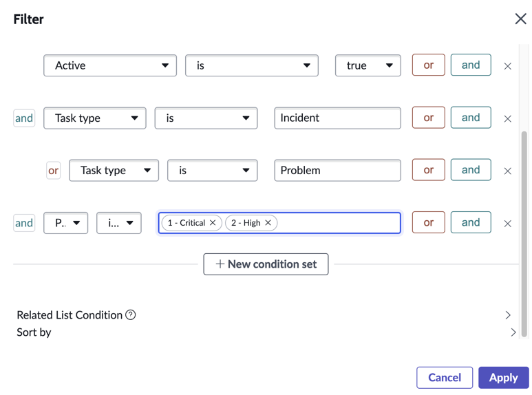 Générateur de conditions affichant les conditions sélectionnées Conditions Actives, Type de tâche et Priorité
